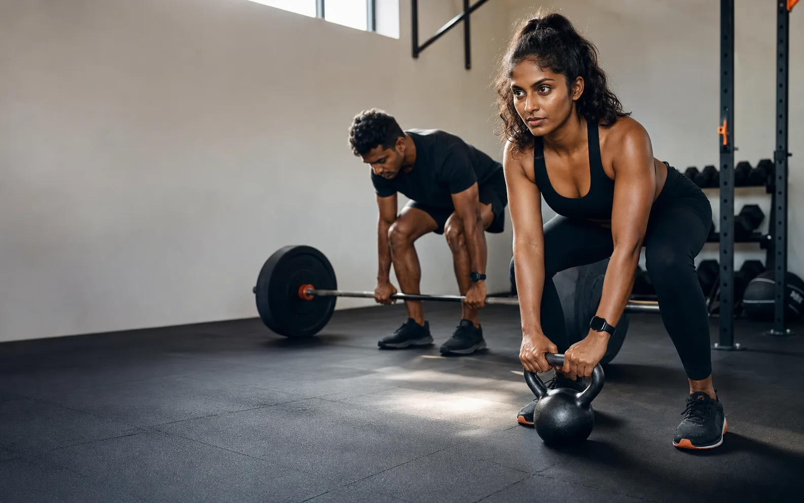 පිරිසිදු, අලුත් ට්රේනින් studio එකක kettlebell සහ barbell එක්ක ලෑස්ති වෙන ශ්රී ලාංකික ක්රීඩකයන් දෙන්නෙක්ගේ පින්තූරයක්.
