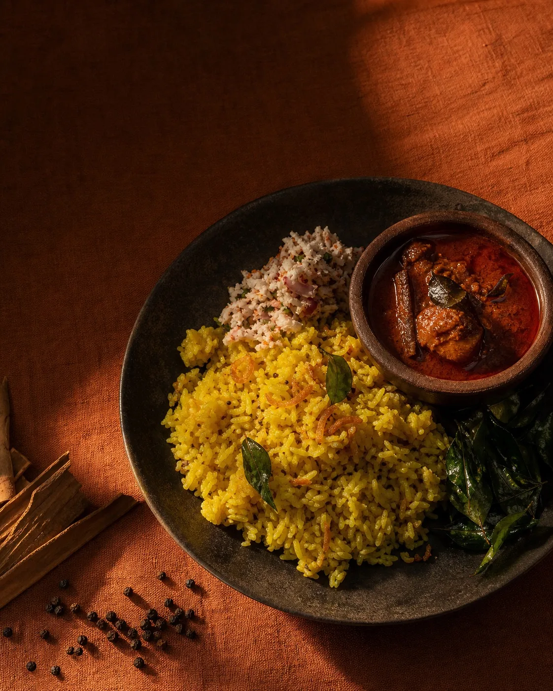 කහ බත්, කරියක් සහ කරපිංචා තියෙන කළු පාට පිඟානක්.